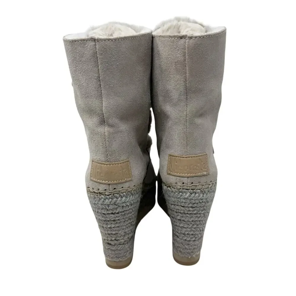 Vidorreta Taupe Suede & Faux Fur Espadrille Boots Size EU 39 Lace Up Wedge Heel